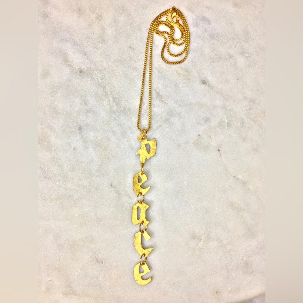Gold Peace Necklace, handcrafted peace gold tone pendant w/24k gold plated chain - Picture 5 of 15